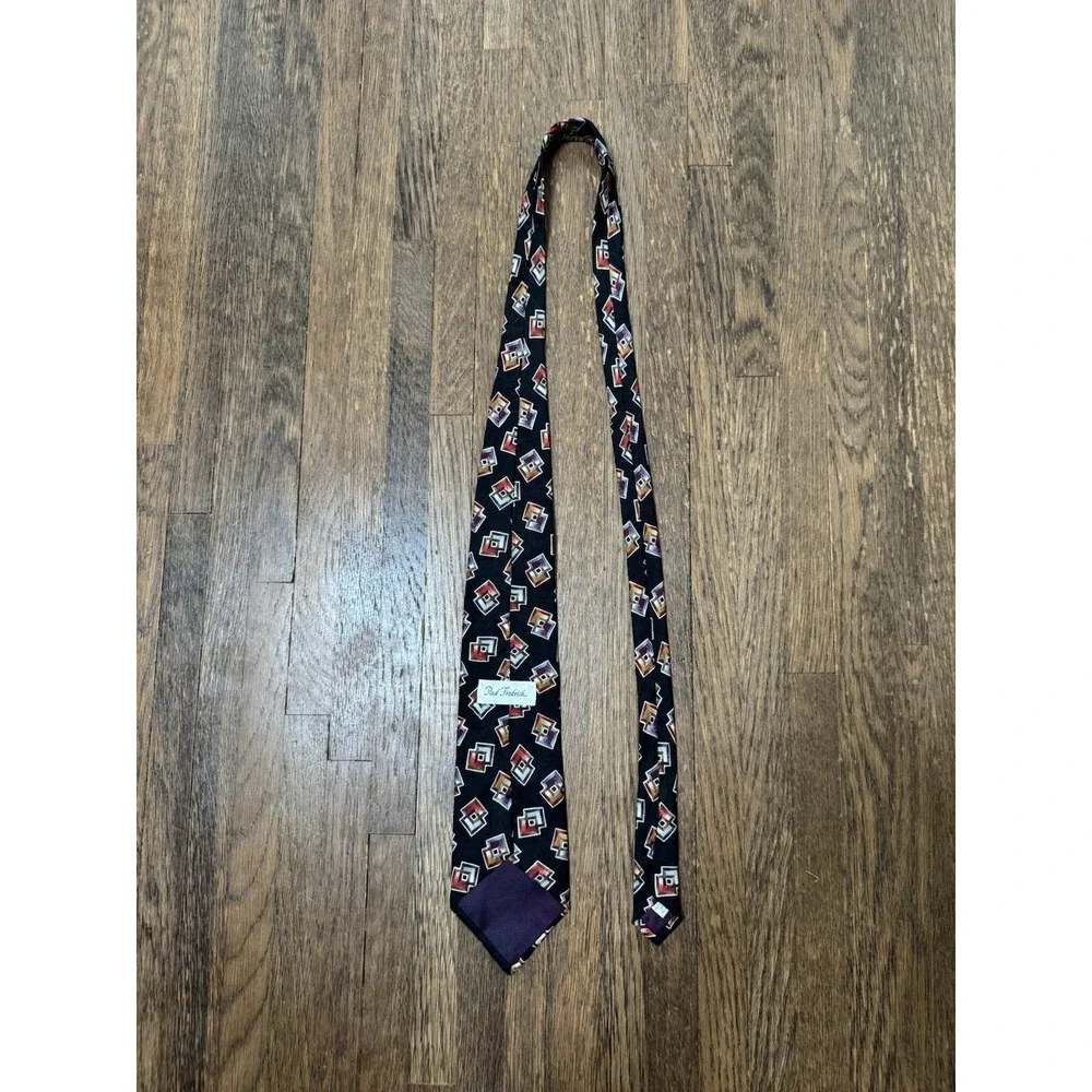 Paul Fredrick Men's 100% Silk Tie Black Geometric Abstract Square Print Necktie